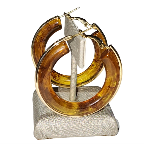 Butterscotch Resin‎ Hoop Earring With Gold Plated Outline 1.64in - Picture 1 of 14